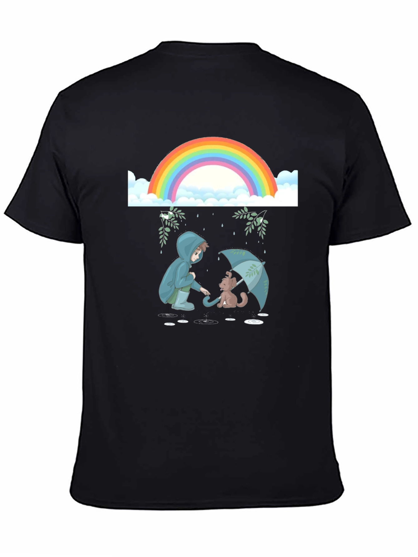 Camiseta Negra con Diseño de Arcoíris y Lluvia