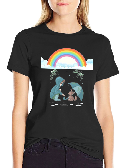 Camiseta Negra con Diseño de Arcoíris y Lluvia