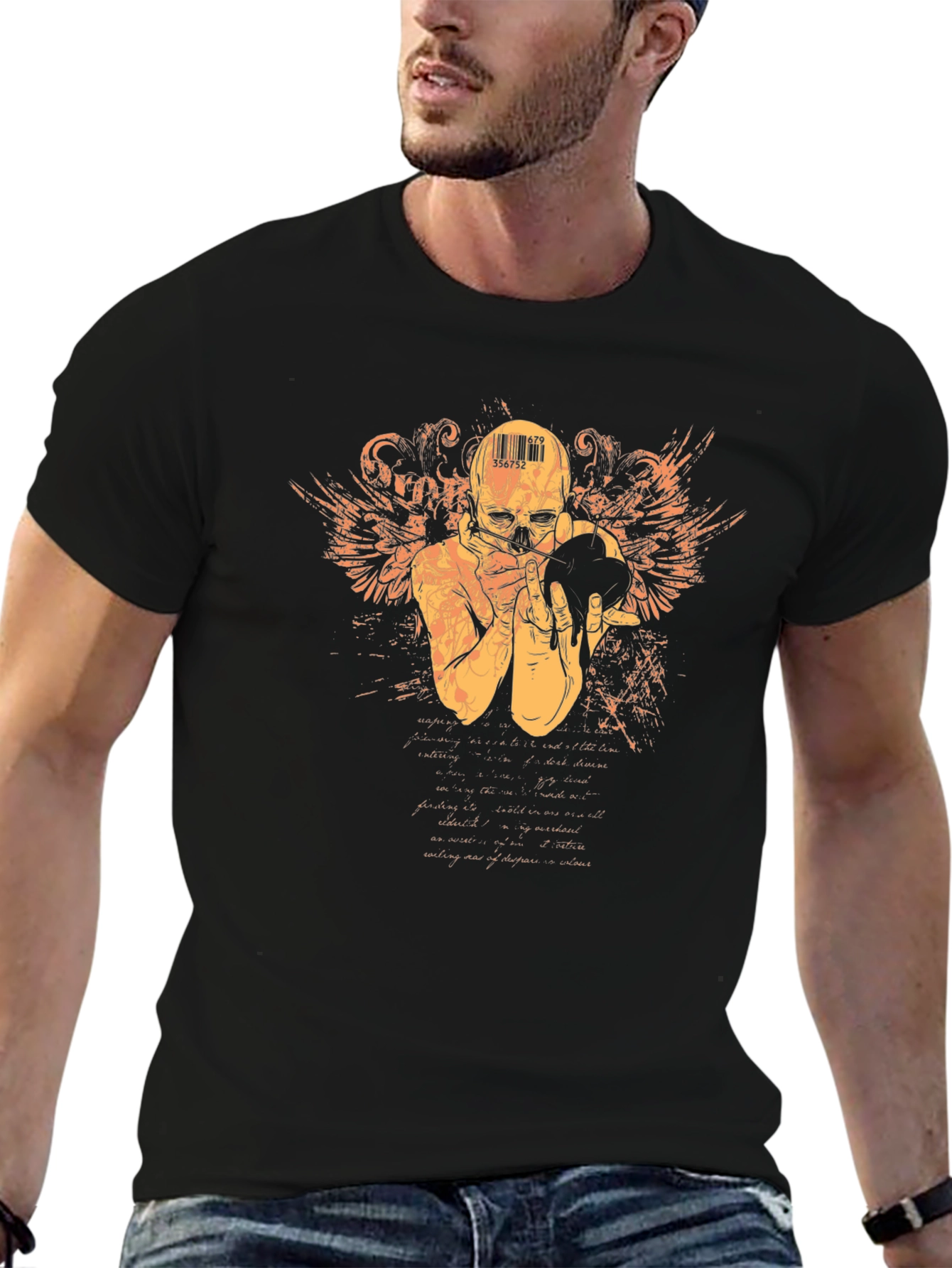 Camiseta Negra con Diseño de Cráneo y Alas
