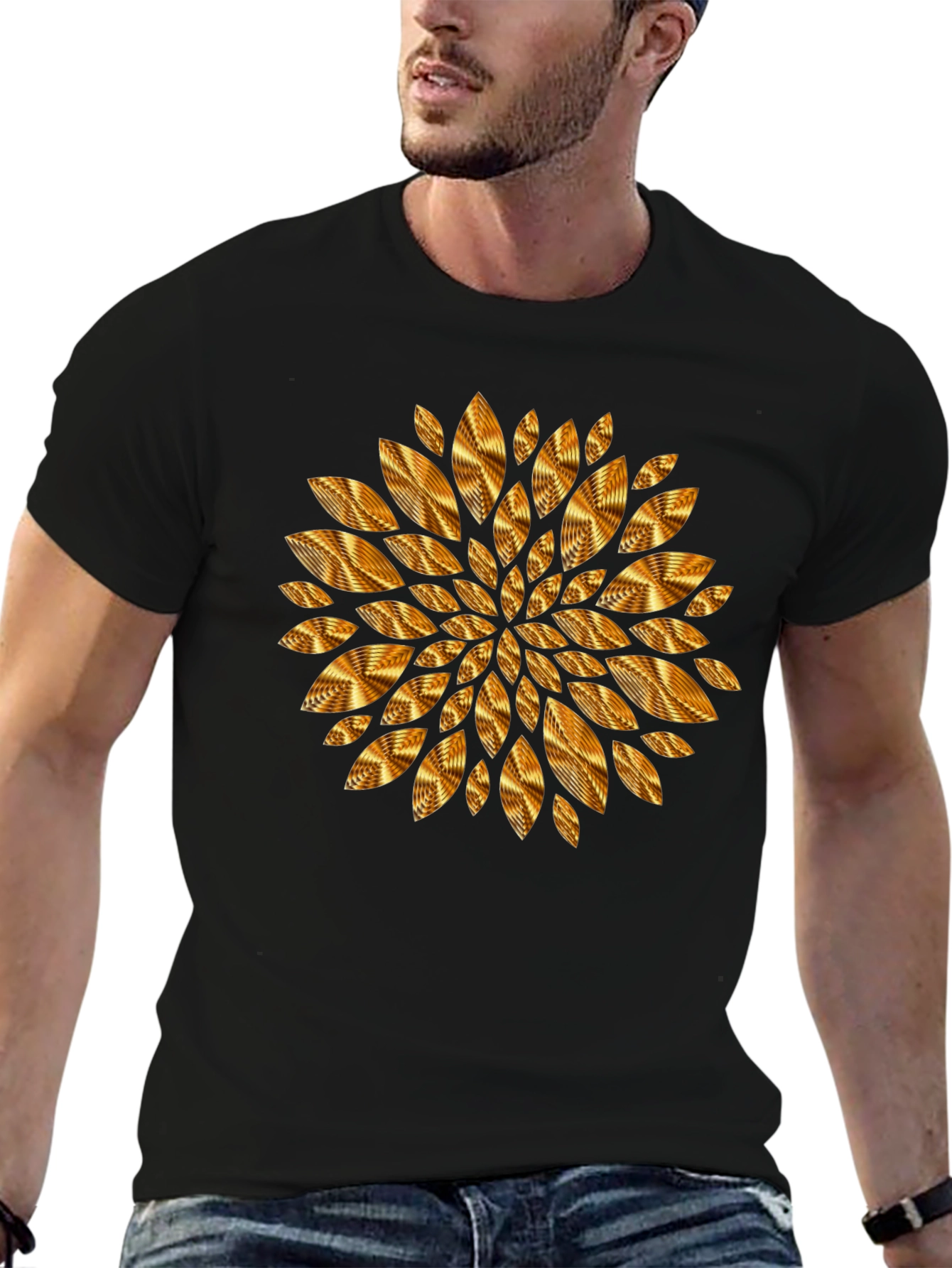 Camiseta Negra con Diseño Floral Dorado