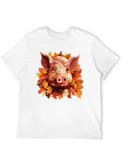Camiseta Negra con Diseño de Cerdo y Hojas Otoñales