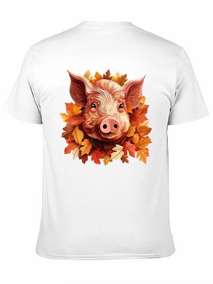 Camiseta Negra con Diseño de Cerdo y Hojas Otoñales
