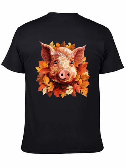 Camiseta Negra con Diseño de Cerdo y Hojas Otoñales
