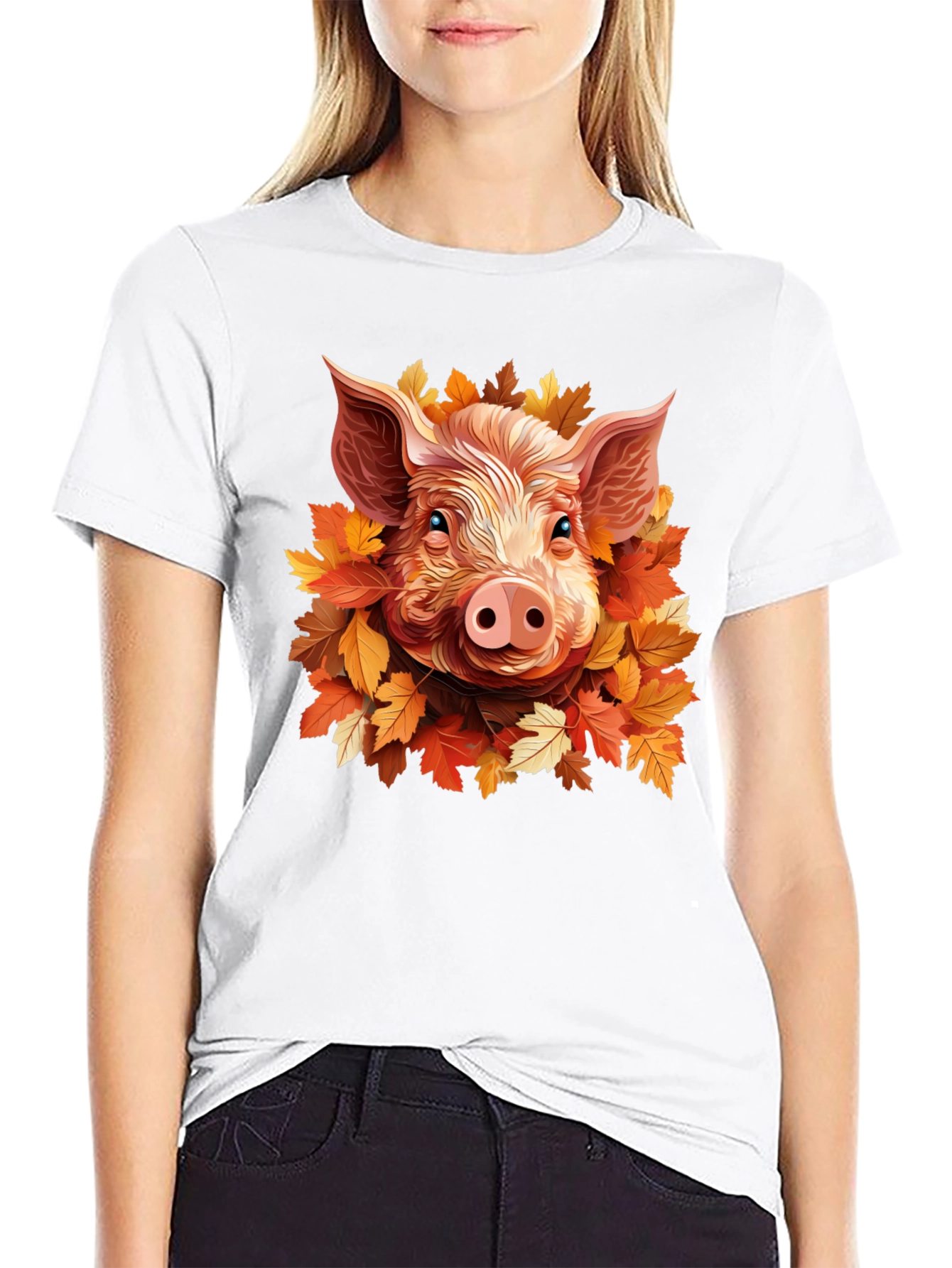 Camiseta Negra con Diseño de Cerdo y Hojas Otoñales