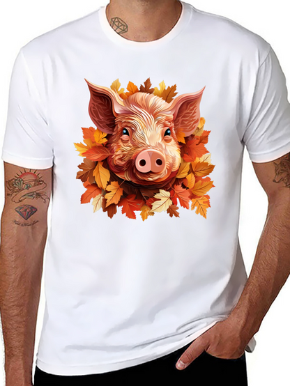 Camiseta Negra con Diseño de Cerdo y Hojas Otoñales