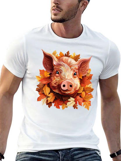Camiseta Negra con Diseño de Cerdo y Hojas Otoñales