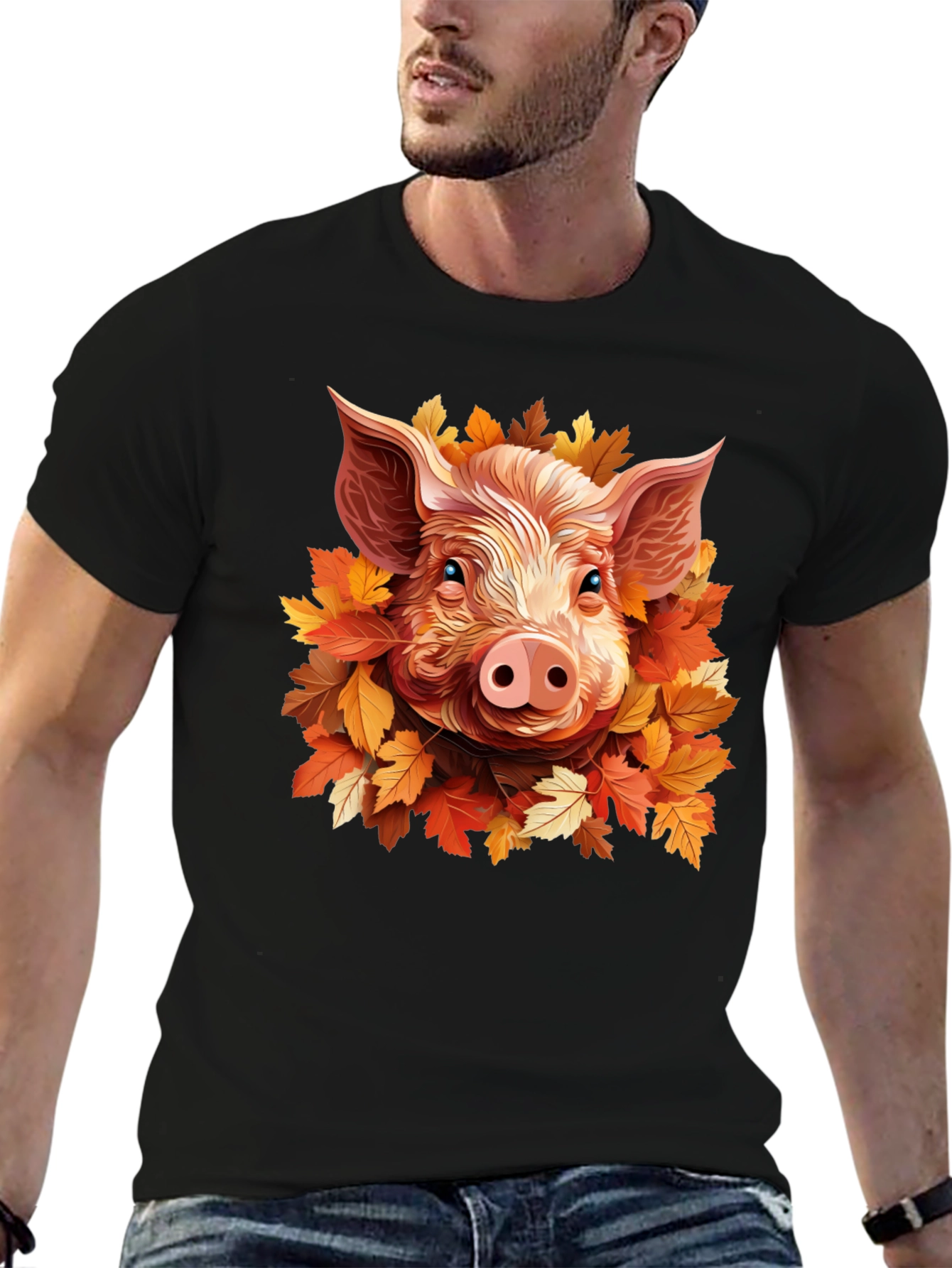 Camiseta Negra con Diseño de Cerdo y Hojas Otoñales