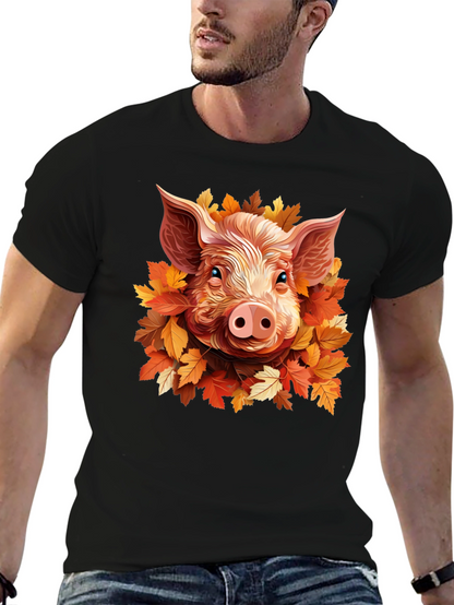 Camiseta Negra con Diseño de Cerdo y Hojas Otoñales