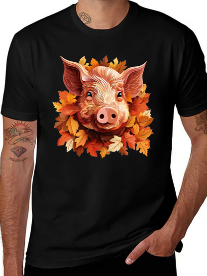 Camiseta Negra con Diseño de Cerdo y Hojas Otoñales