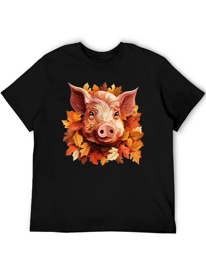 Camiseta Negra con Diseño de Cerdo y Hojas Otoñales