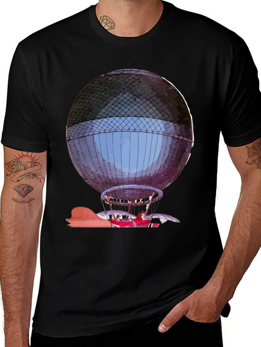 Camiseta Negra con Diseño de Globo Aerostático Vintage