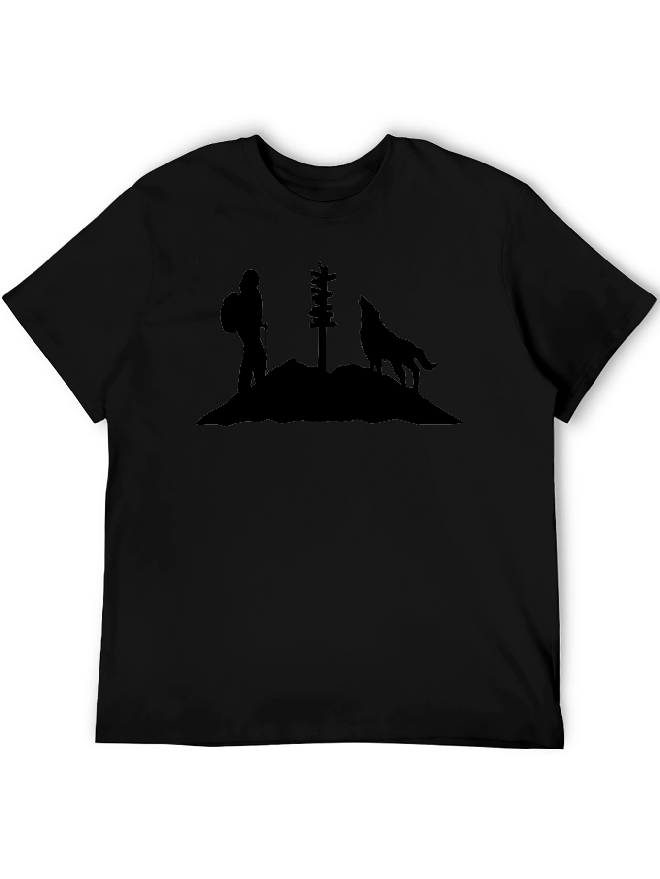 Camiseta Negra Silueta Lobo y Senderista