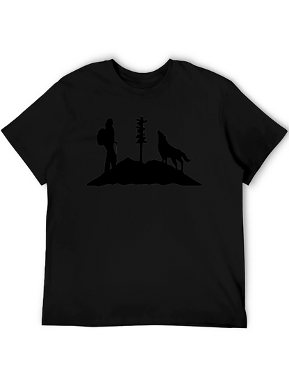 Camiseta Negra Silueta Lobo y Senderista