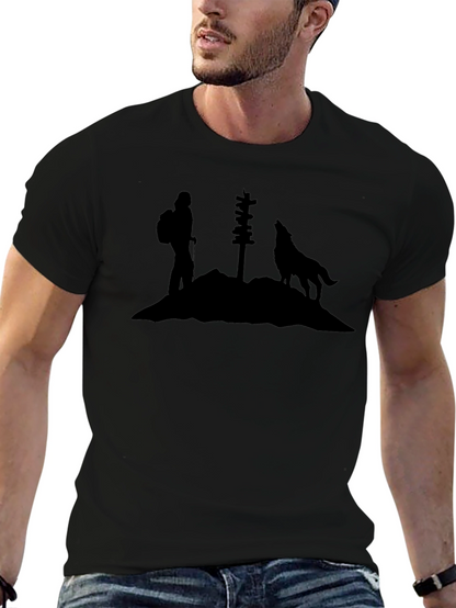 Camiseta Negra Silueta Lobo y Senderista