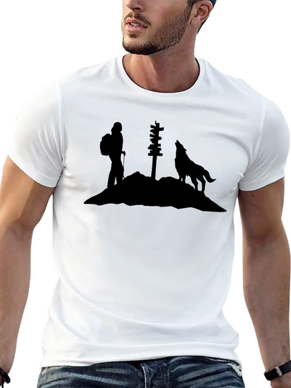Camiseta Negra Silueta Lobo y Senderista