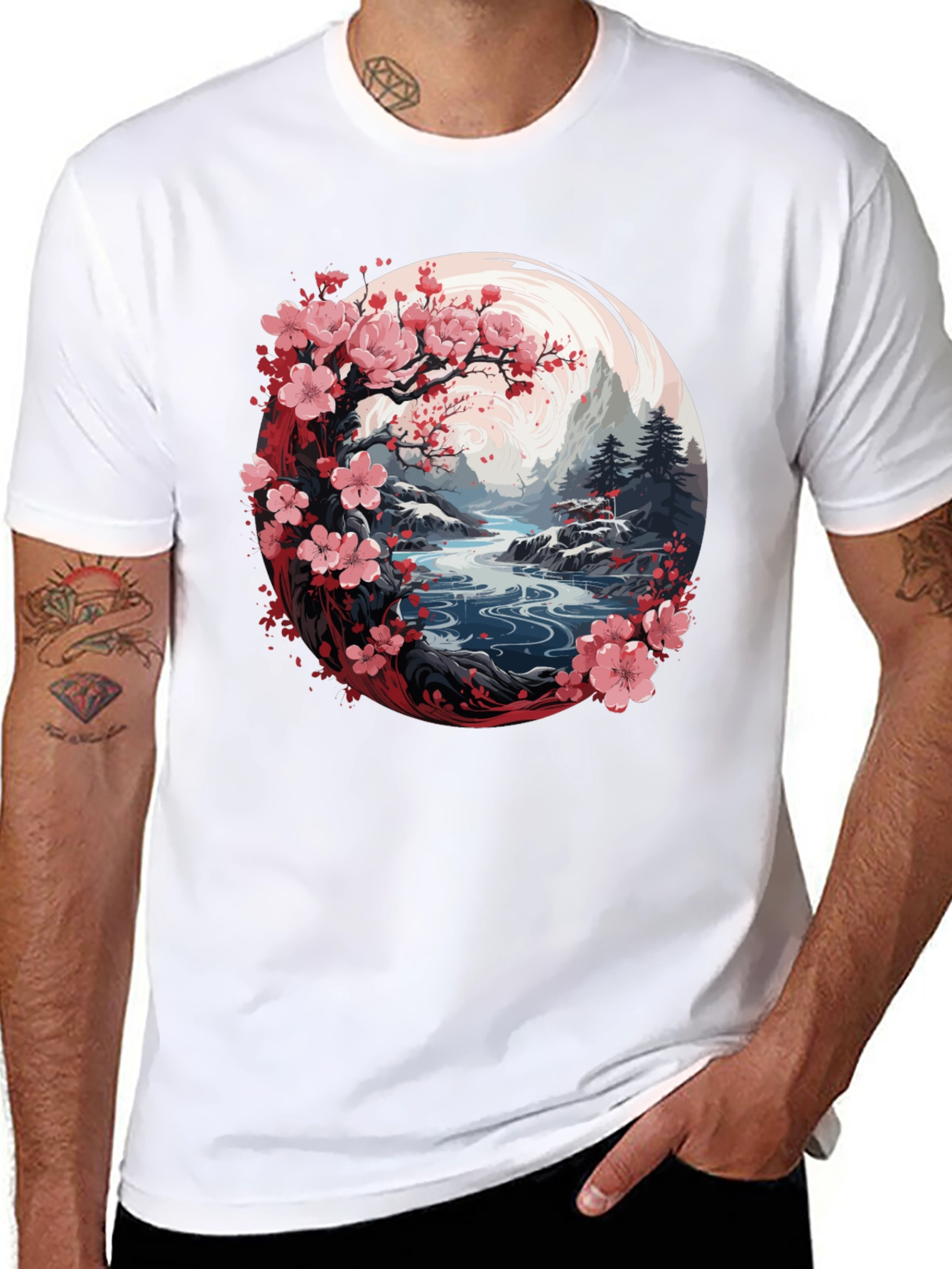 Camiseta Negra Diseño Floral Japonés
