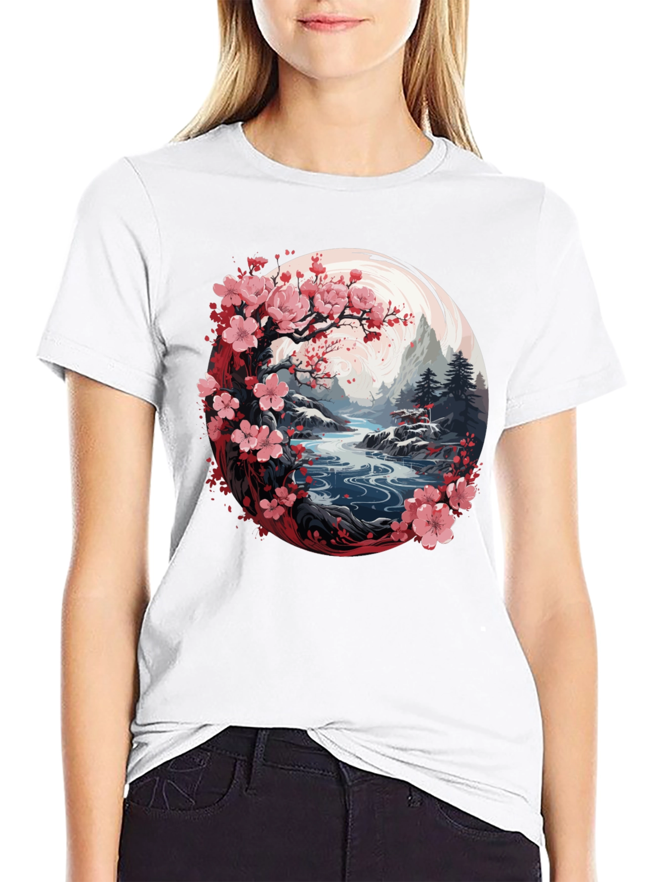 Camiseta Negra Diseño Floral Japonés