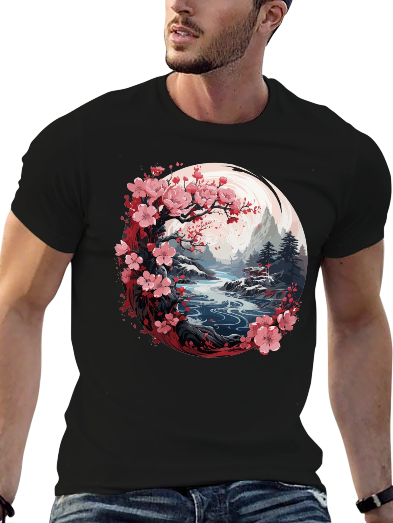 Camiseta Negra Diseño Floral Japonés