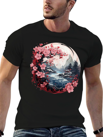 Camiseta Negra Diseño Floral Japonés