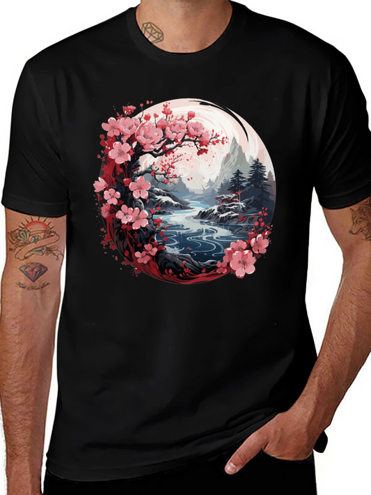 Camiseta Negra Diseño Floral Japonés