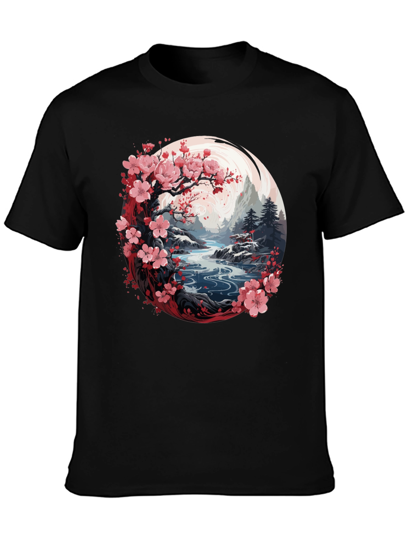 Camiseta Negra Diseño Floral Japonés
