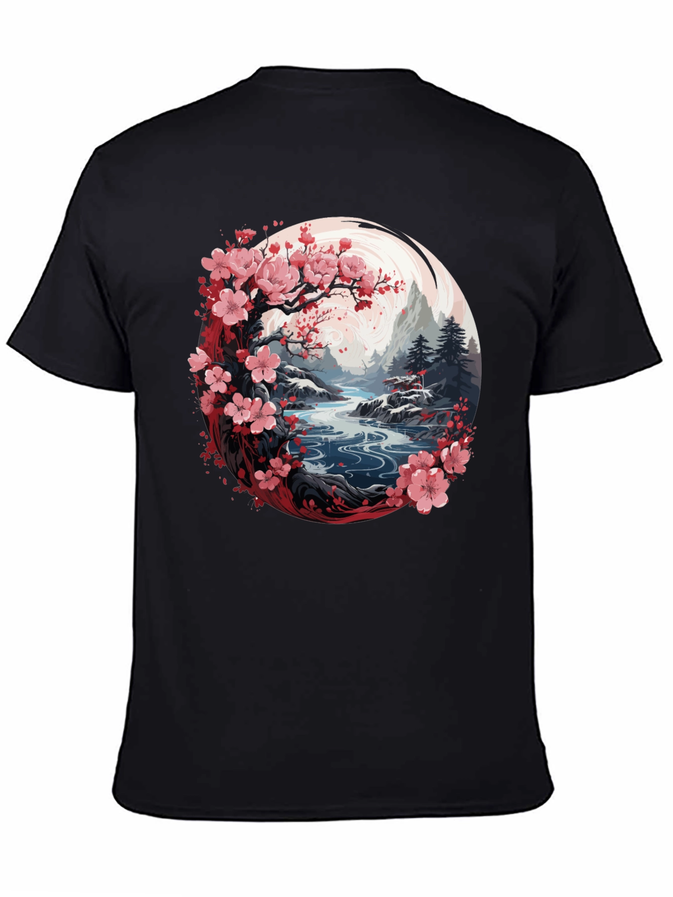 Camiseta Negra Diseño Floral Japonés