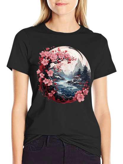 Camiseta Negra Diseño Floral Japonés