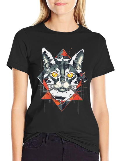 Camiseta Negra con Diseño de Gato Geométrico