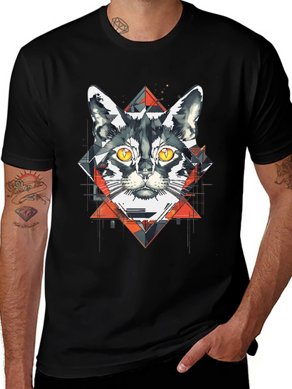 Camiseta Negra con Diseño de Gato Geométrico