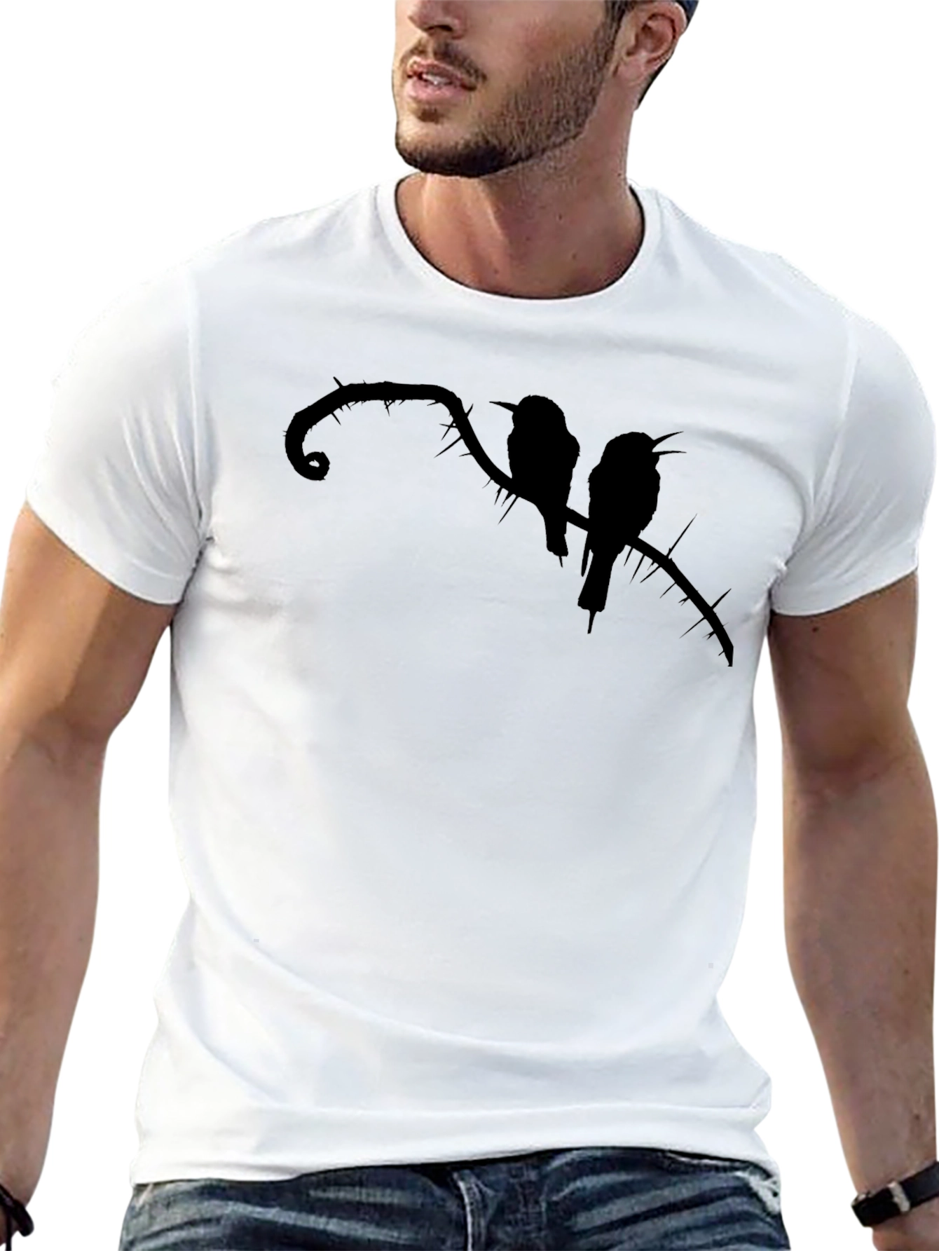 Camiseta Negra con Silueta de Aves