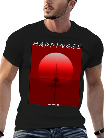 Camiseta Negra con Diseño de Atardecer y Barco