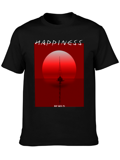 Camiseta Negra con Diseño de Atardecer y Barco