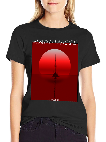 Camiseta Negra con Diseño de Atardecer y Barco