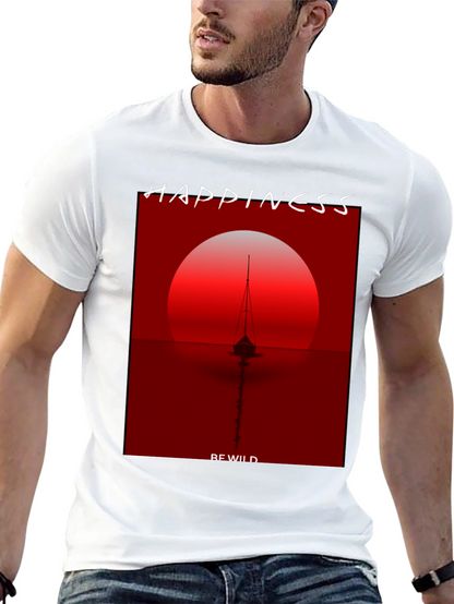 Camiseta Negra con Diseño de Atardecer y Barco