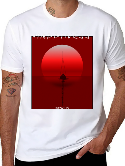 Camiseta Negra con Diseño de Atardecer y Barco