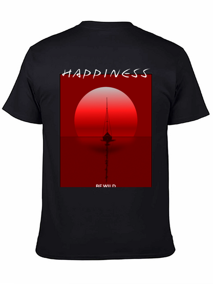 Camiseta Negra con Diseño de Atardecer y Barco
