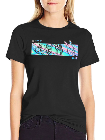 Camiseta Negra con Diseño Anime Holográfico