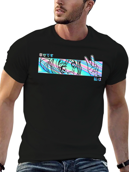 Camiseta Negra con Diseño Anime Holográfico