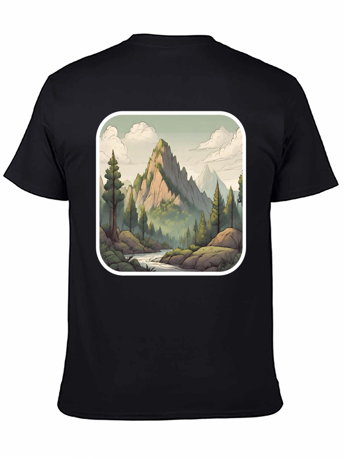 Camiseta Negra con Diseño de Montaña Escénica