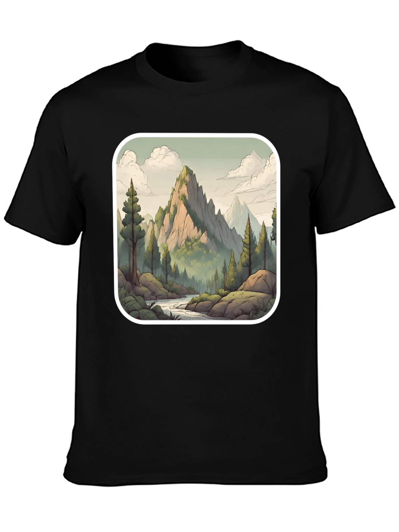 Camiseta Negra con Diseño de Montaña Escénica