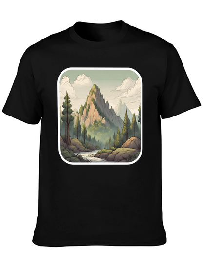 Camiseta Negra con Diseño de Montaña Escénica