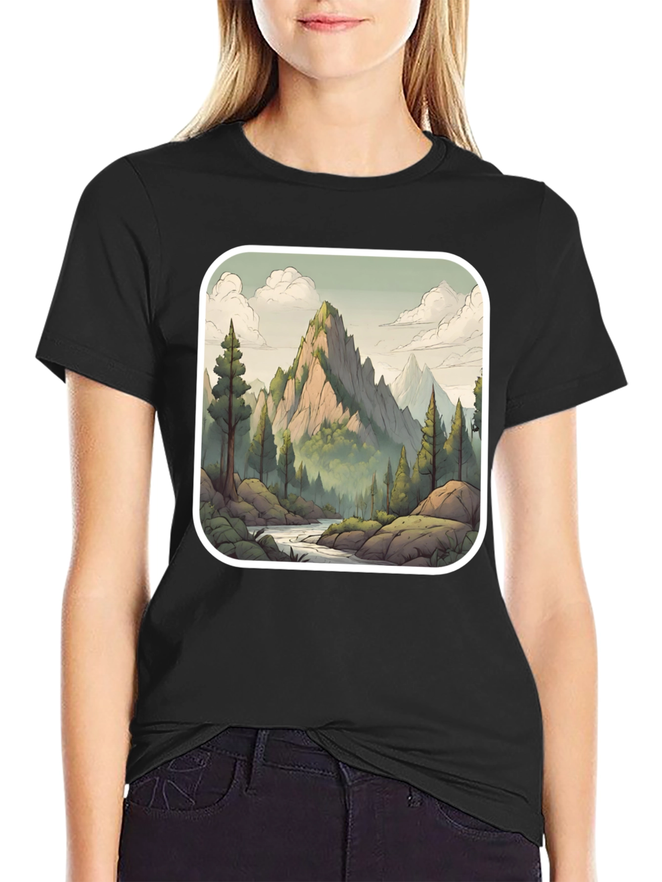 Camiseta Negra con Diseño de Montaña Escénica