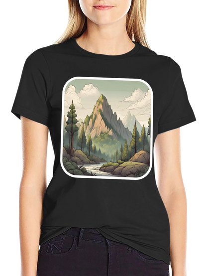 Camiseta Negra con Diseño de Montaña Escénica