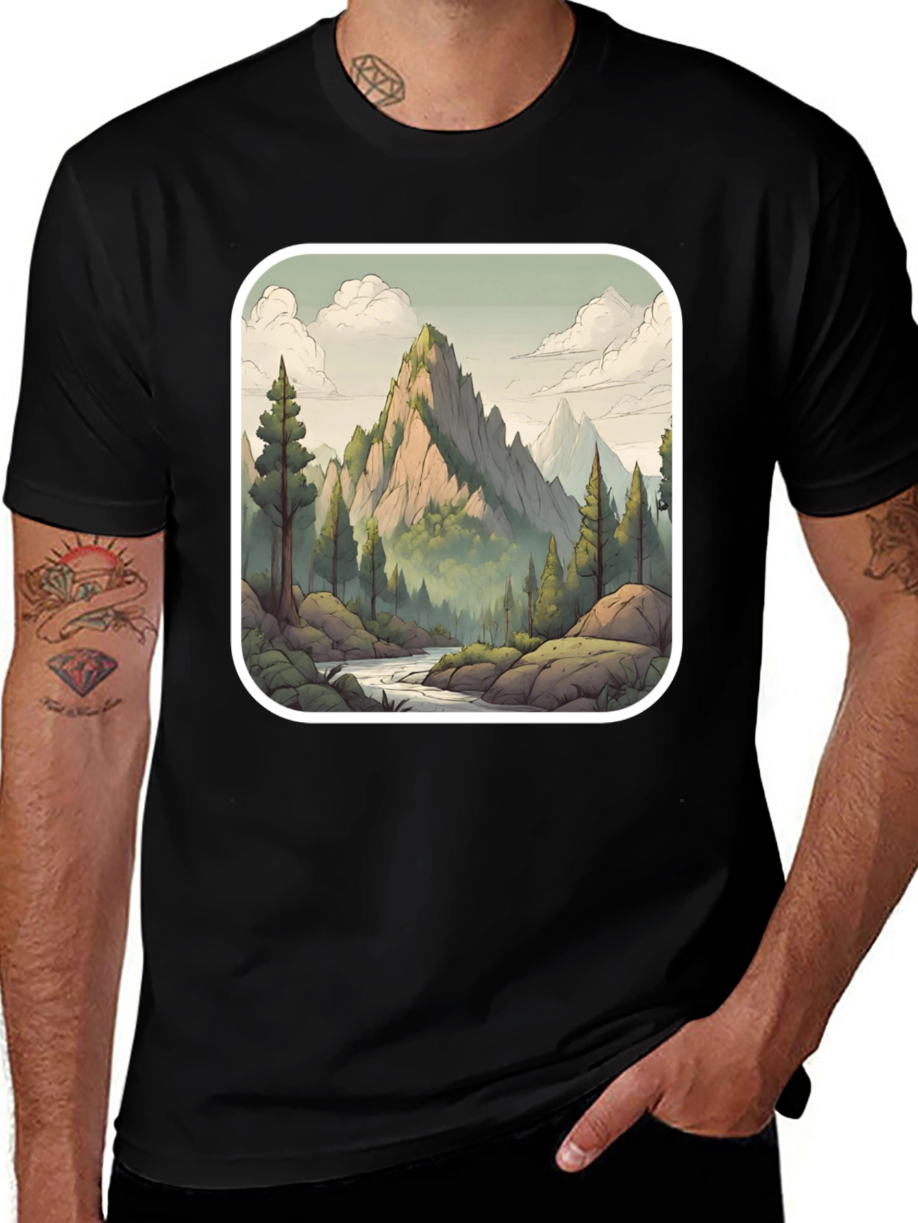 Camiseta Negra con Diseño de Montaña Escénica