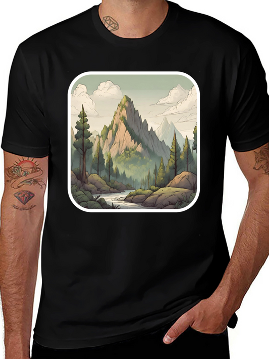 Camiseta Negra con Diseño de Montaña Escénica