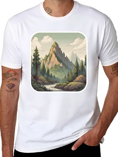 Camiseta Negra con Diseño de Montaña Escénica