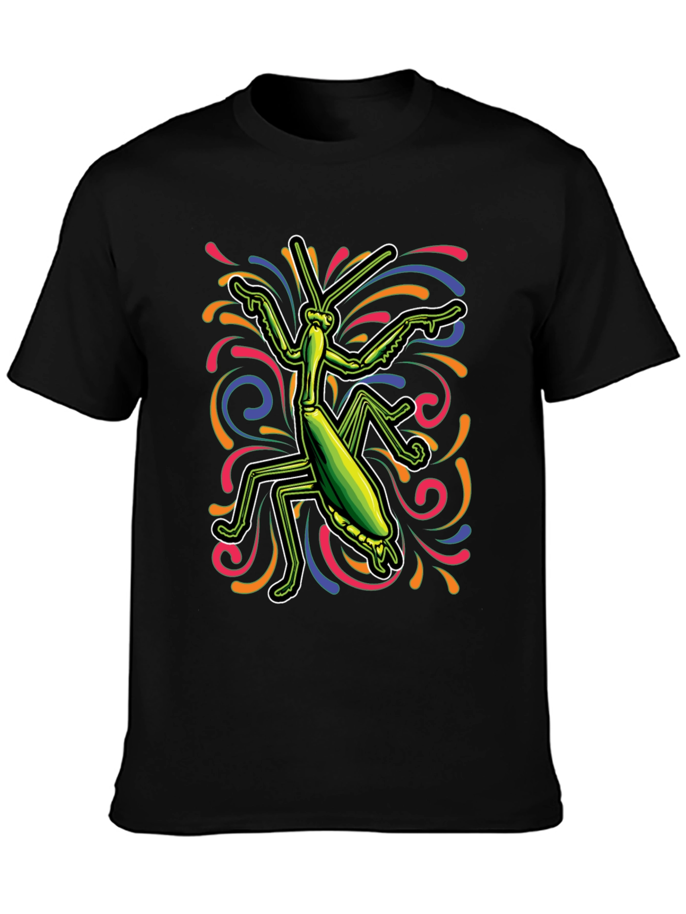 Camiseta Negra con Diseño de Mantis Religiosa Psicodélica
