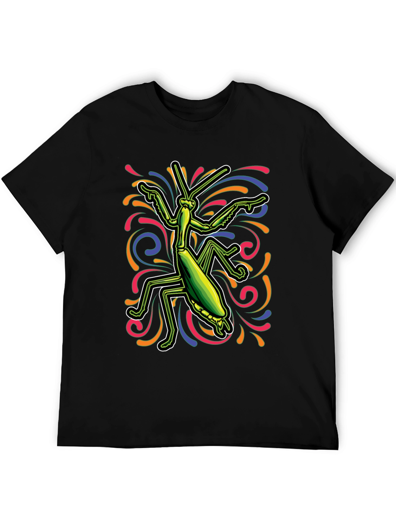 Camiseta Negra con Diseño de Mantis Religiosa Psicodélica