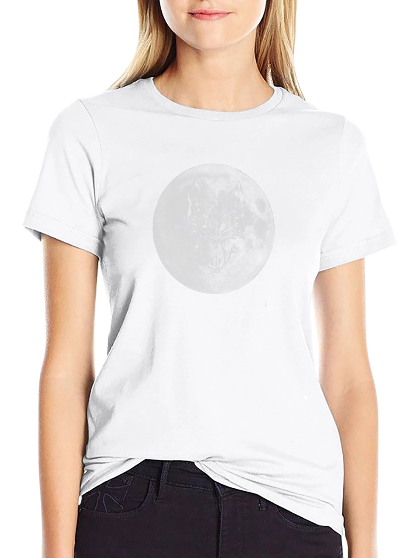 Camiseta Negra Luna Lobo Hombre Estilo Casual