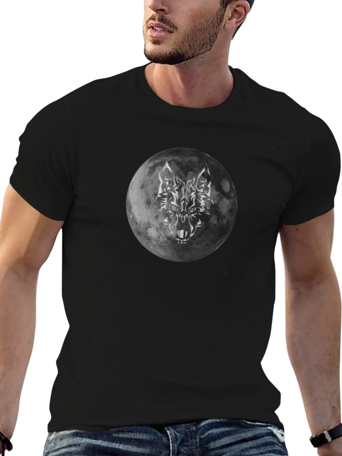 Camiseta Negra Luna Lobo Hombre Estilo Casual